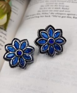 Designer Oxidised Stone Work Stud Earrings For Girls - Casual Wear Stud Earrings