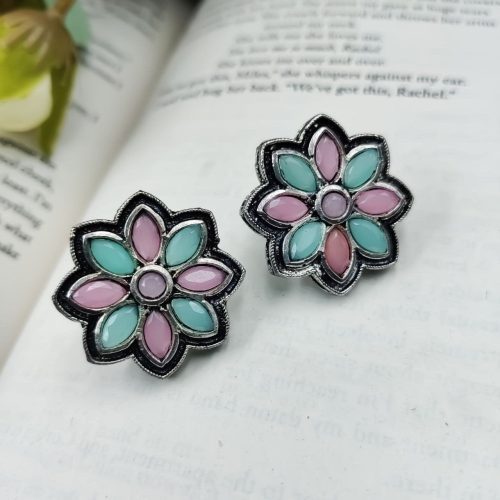 Designer Oxidised Stone Work Stud Earrings For Girls - Casual Wear Stud Earrings