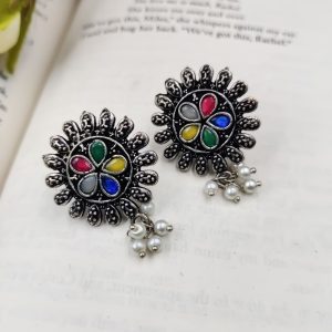 Designer Round Shape Oxidised Stone Work Stud Earrings With Pearl Work For Girls