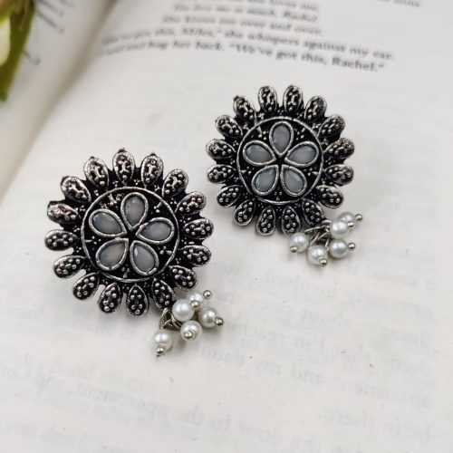 Designer Round Shape Oxidised Stone Work Stud Earrings With Pearl Work For Girls