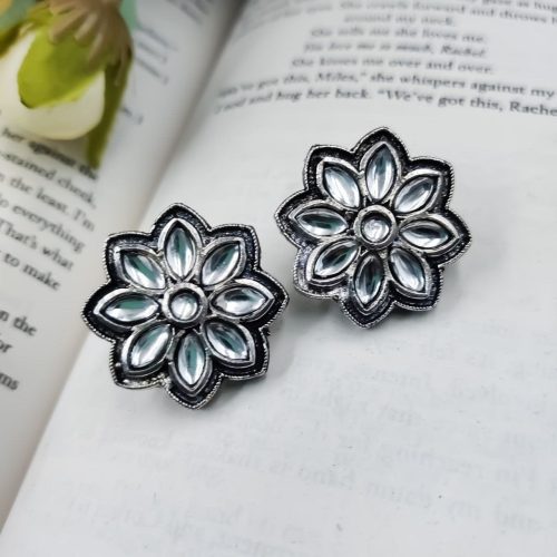 Designer Oxidised Stone Work Stud Earrings For Girls - Casual Wear Stud Earrings