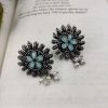 Designer Round Shape Oxidised Stone Work Stud Earrings With Pearl Work For Girls