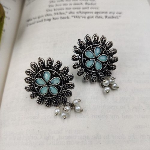 Designer Round Shape Oxidised Stone Work Stud Earrings With Pearl Work For Girls