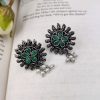 Designer Round Shape Oxidised Stone Work Stud Earrings With Pearl Work For Girls