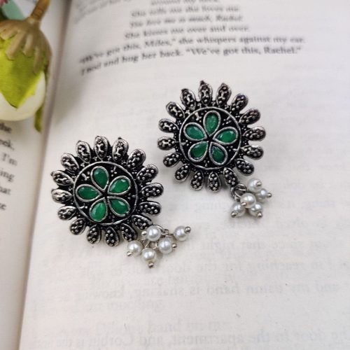 Designer Round Shape Oxidised Stone Work Stud Earrings With Pearl Work For Girls
