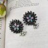 Designer Round Shape Oxidised Stone Work Stud Earrings With Pearl Work For Girls