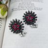 Designer Round Shape Oxidised Stone Work Stud Earrings With Pearl Work For Girls