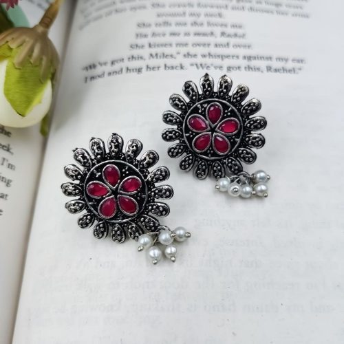 Designer Round Shape Oxidised Stone Work Stud Earrings With Pearl Work For Girls
