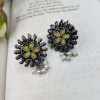 Designer Round Shape Oxidised Stone Work Stud Earrings With Pearl Work For Girls