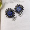 Designer Round Shape Oxidised Stone Work Stud Earrings With Pearl Work For Girls