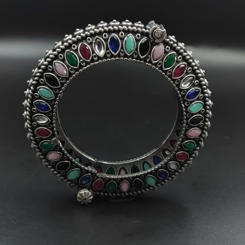 Antique Look Silver Replica Stone Work Oxidised Free Size Bangle Kada For Girls
