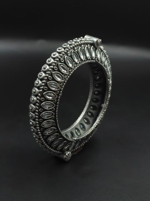 Antique Look Silver Replica Stone Work Oxidised Free Size Bangle Kada For Girls