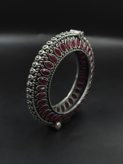 Antique Look Silver Replica Stone Work Oxidised Free Size Bangle Kada For Girls