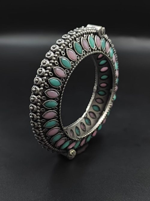 Antique Look Silver Replica Stone Work Oxidised Free Size Bangle Kada For Girls