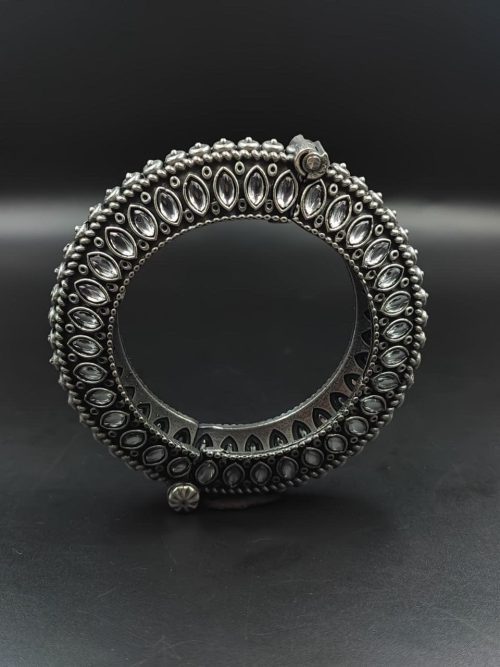Antique Look Silver Replica Stone Work Oxidised Free Size Bangle Kada For Girls