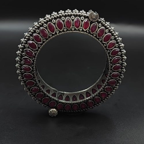 Antique Look Silver Replica Stone Work Oxidised Free Size Bangle Kada For Girls
