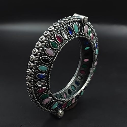 Antique Look Silver Replica Stone Work Oxidised Free Size Bangle Kada For Girls