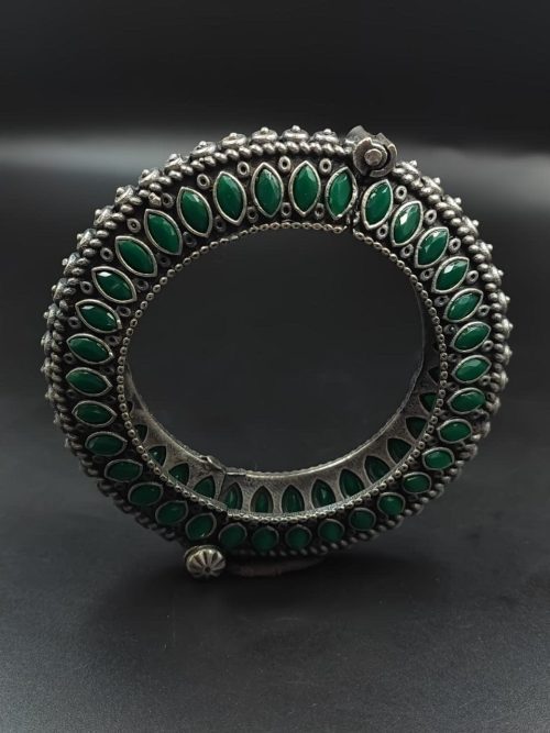 Antique Look Silver Replica Stone Work Oxidised Free Size Bangle Kada For Girls
