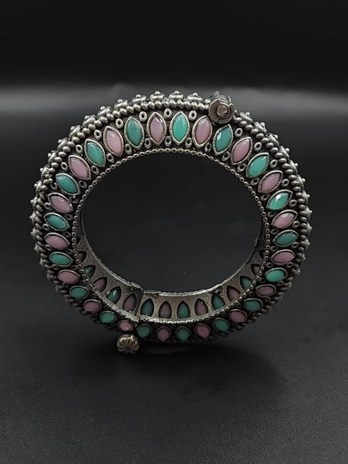 Antique Look Silver Replica Stone Work Oxidised Free Size Bangle Kada For Girls