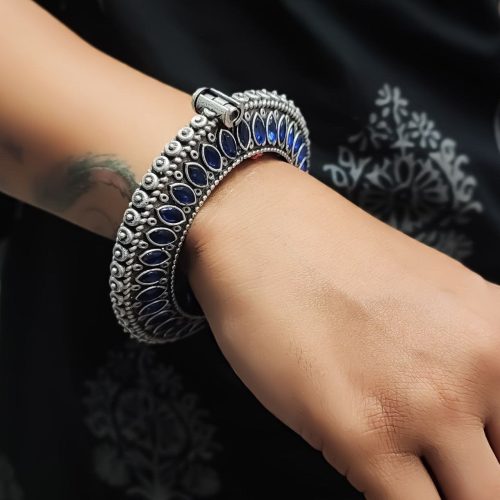 Antique Look Silver Replica Stone Work Oxidised Free Size Bangle Kada For Girls