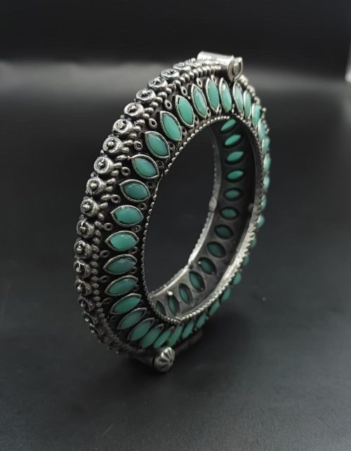 Antique Look Silver Replica Stone Work Oxidised Free Size Bangle Kada For Girls