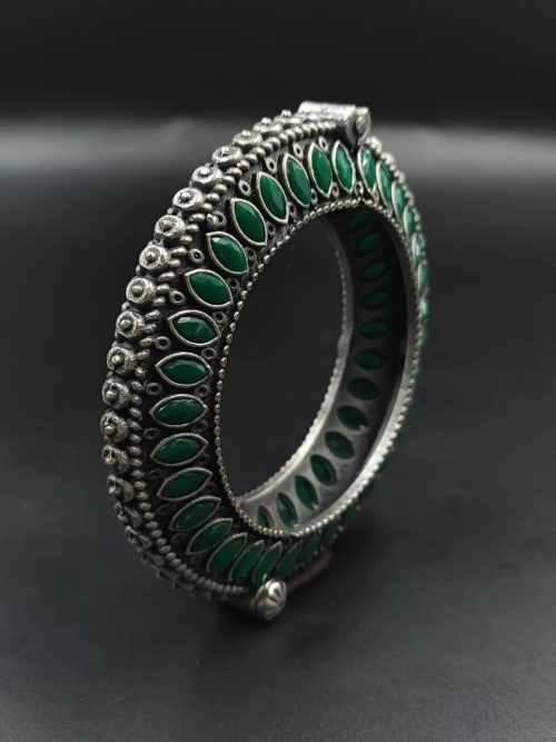 Antique Look Silver Replica Stone Work Oxidised Free Size Bangle Kada For Girls