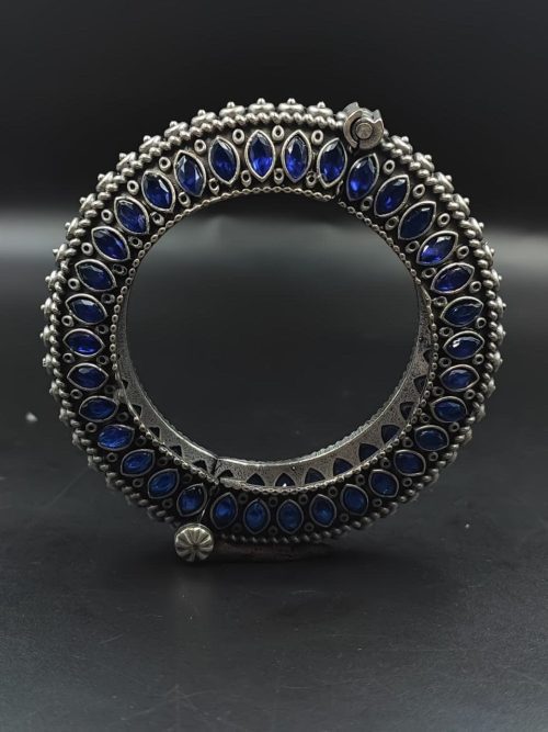 Antique Look Silver Replica Stone Work Oxidised Free Size Bangle Kada For Girls