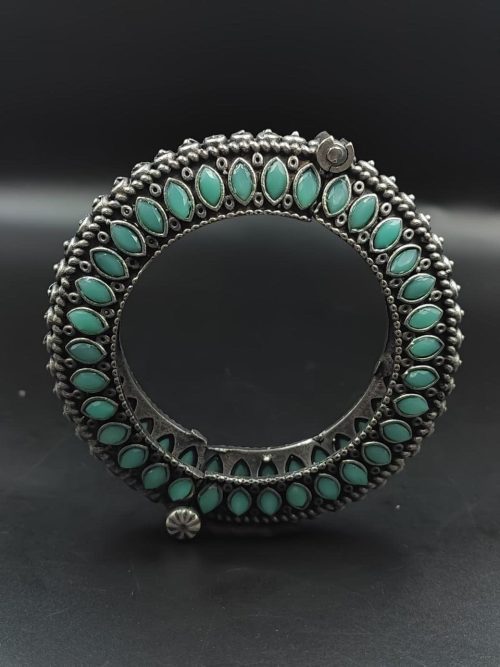 Antique Look Silver Replica Stone Work Oxidised Free Size Bangle Kada For Girls