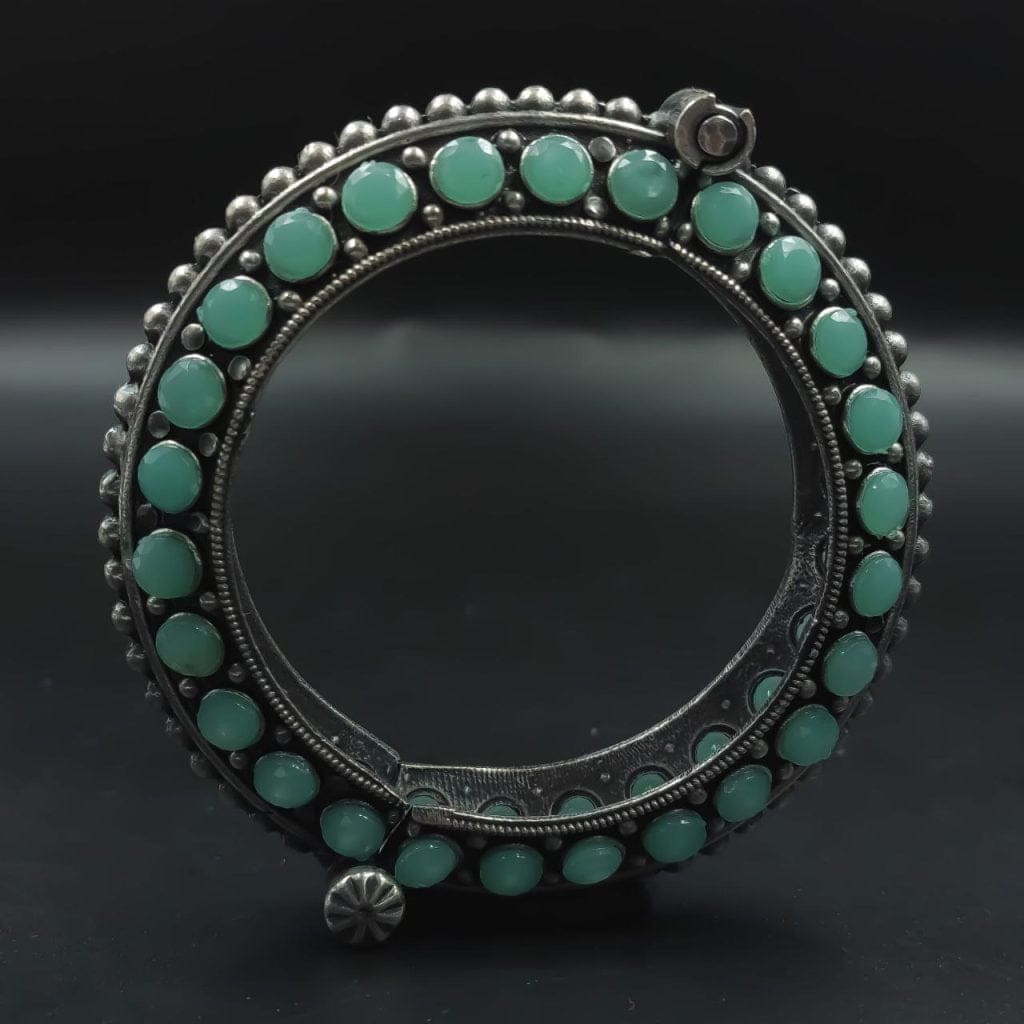 Bulk 318 Designer Silver Replica Bangle | Stone Work Oxidised Free Size Kada - "Mint"