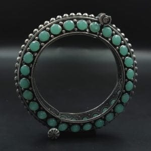 Designer Silver Replica Bangle | Stone Work Oxidised Free Size Kada - Color: "Mint"