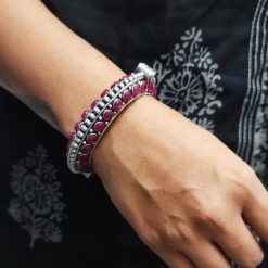 Designer Iconic Look Silver Replica Stone Work Oxidised Free Size Bangle Kada For Girls