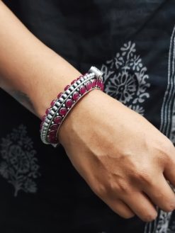 Designer Iconic Look Silver Replica Stone Work Oxidised Free Size Bangle Kada For Girls