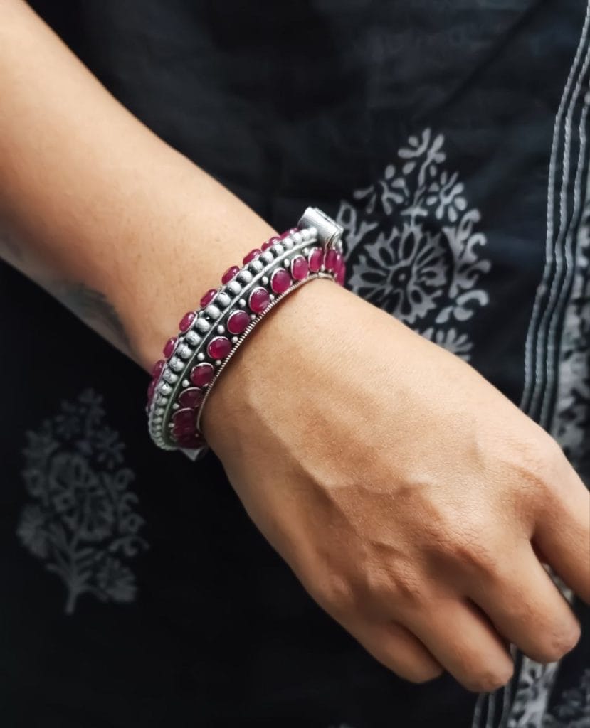 Designer Silver Replica Bangle | Stone Work Oxidised Free Size Kada