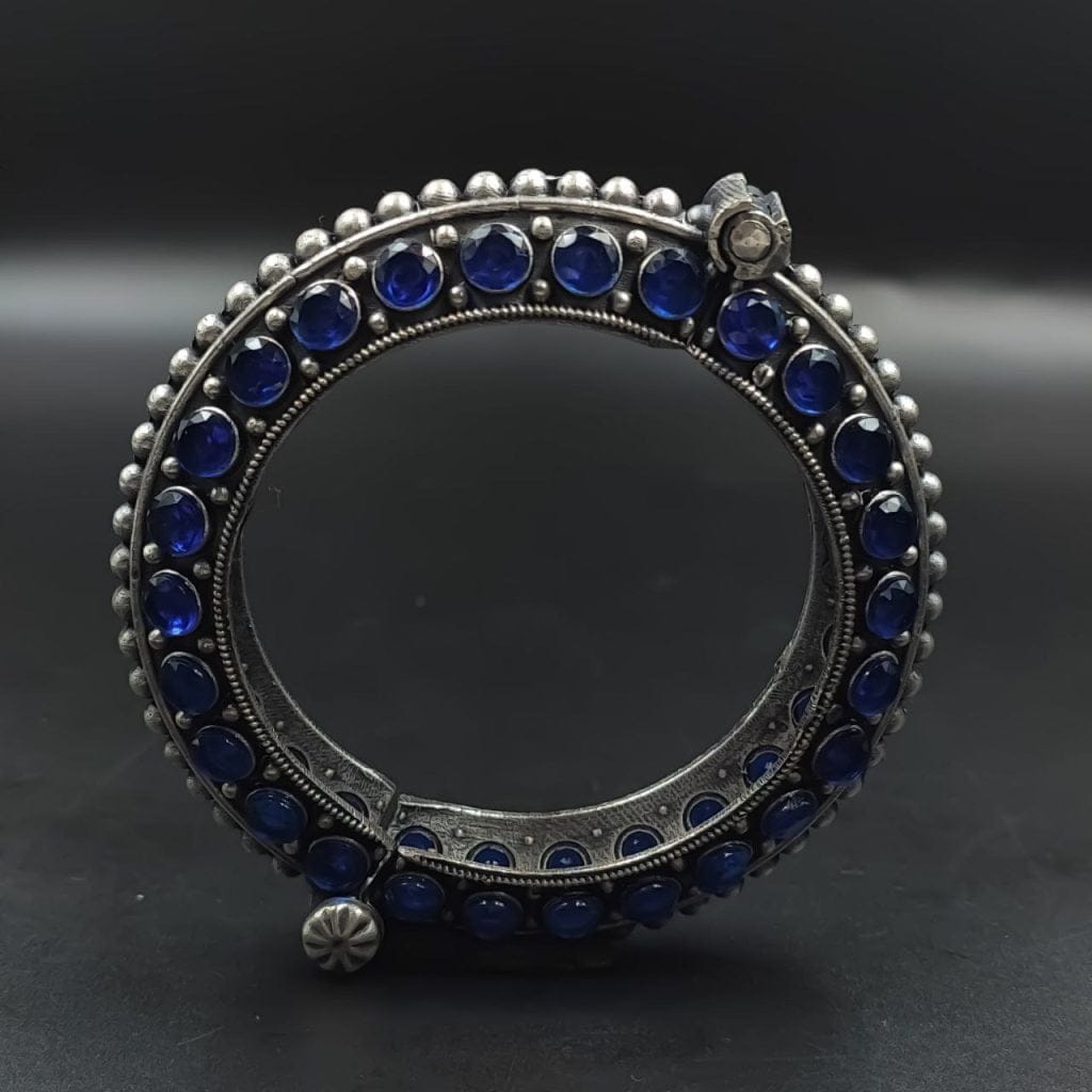 Bulk 316 Designer Silver Replica Bangle | Stone Work Oxidised Free Size Kada - "Blue"