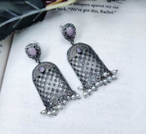 Antique Oxidised Replica Silver Polish Stud Dangler Earrings For Girls