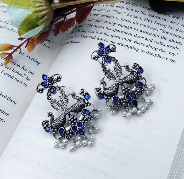 Peacock Stud Earring For Girls - Designer Silver Plated Stone Earrings