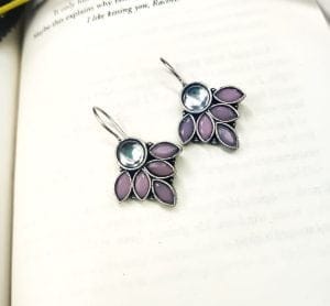 Oxidised Hook Earrings - Silver Replica Stone Work Earrings ( Daily Wear Earrings ) - Color: "Baby Pink"