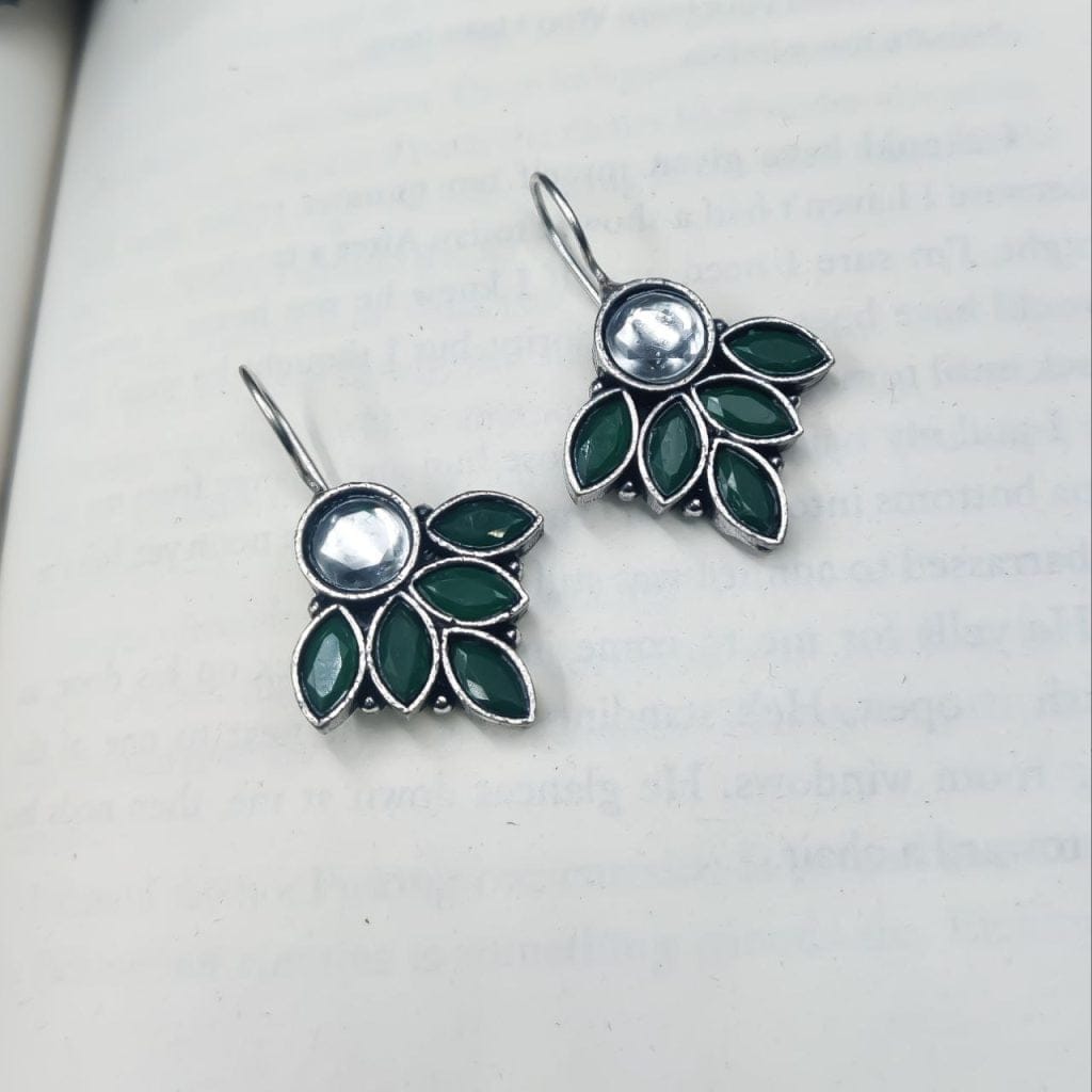 Bulk 784 Oxidised Hook Earrings - Silver Replica Stone Work Earrings ( Daily Wear Earrings ) - "Green"