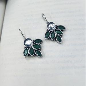 Oxidised Hook Earrings - Silver Replica Stone Work Earrings ( Daily Wear Earrings ) - Color: "Green"