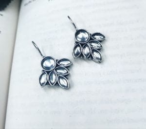 Oxidised Hook Earrings - Silver Replica Stone Work Earrings ( Daily Wear Earrings ) - Color: "White"