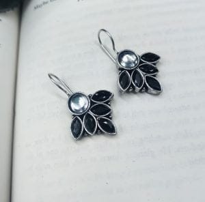 Oxidised Hook Earrings - Silver Replica Stone Work Earrings ( Daily Wear Earrings ) - Color: "Black"