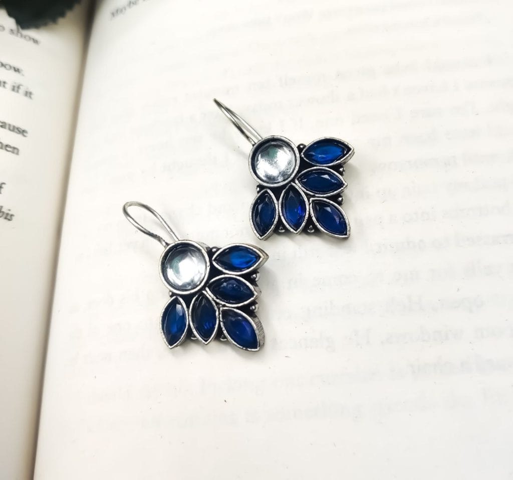 Bulk 792 Oxidised Hook Earrings - Silver Replica Stone Work Earrings ( Daily Wear Earrings ) - "Blue"
