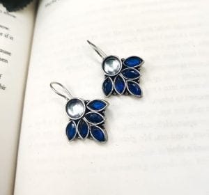 Oxidised Hook Earrings - Silver Replica Stone Work Earrings ( Daily Wear Earrings ) - Color: "Blue"