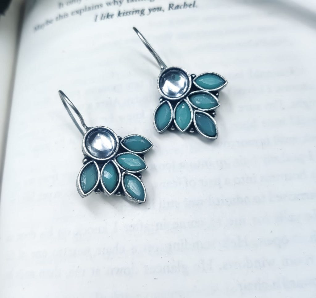 Oxidised Hook Earrings - Silver Replica Stone Work Earrings ( Daily Wear Earrings )