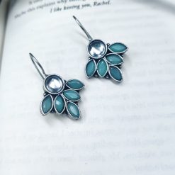 Oxidised Hook Earrings - Silver Replica Stone Work Earrings ( Daily Wear Earrings )