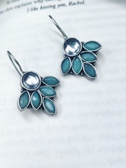 Oxidised Hook Earrings - Silver Replica Stone Work Earrings ( Daily Wear Earrings )