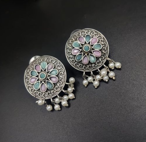 Designer Round Earrings - Antique Oxidised Replica Silver Polish Stud Earrings For Girls