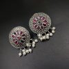 Designer Round Earrings - Antique Oxidised Replica Silver Polish Stud Earrings For Girls