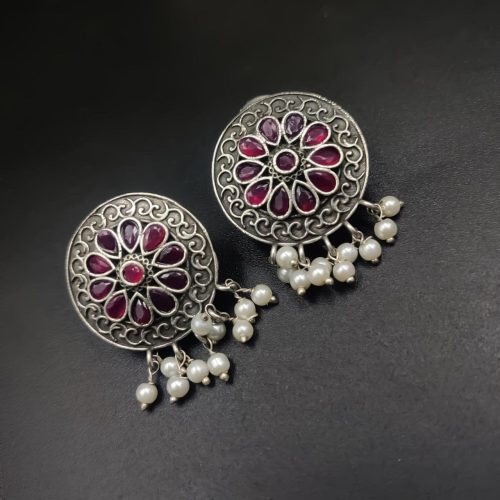 Designer Round Earrings - Antique Oxidised Replica Silver Polish Stud Earrings For Girls