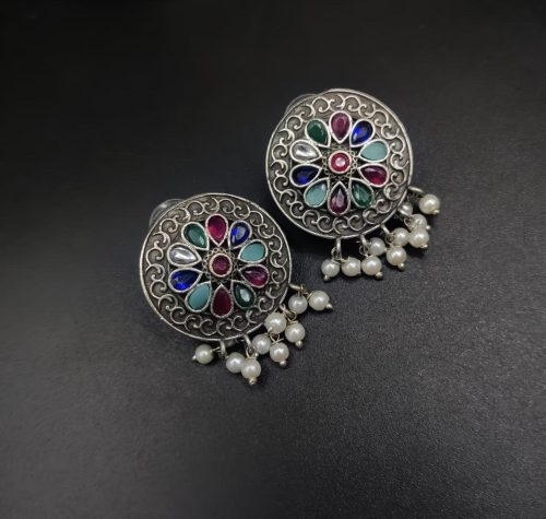 Designer Round Earrings - Antique Oxidised Replica Silver Polish Stud Earrings For Girls